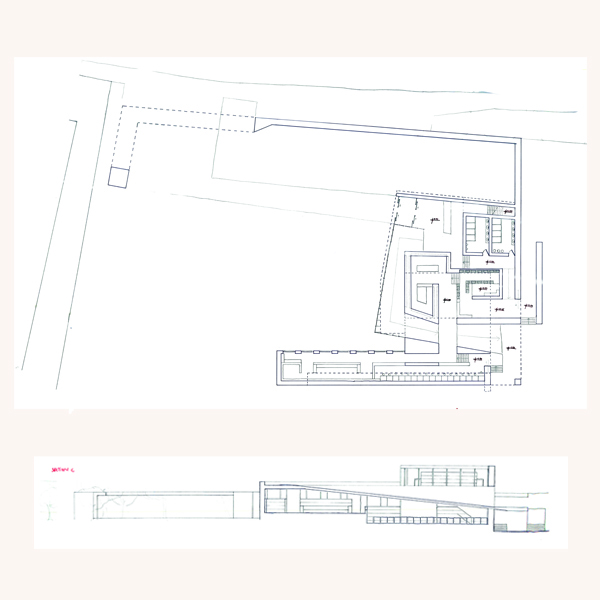 ground floor plan of library drawn to 1/100 scale with a horizontal section placed below